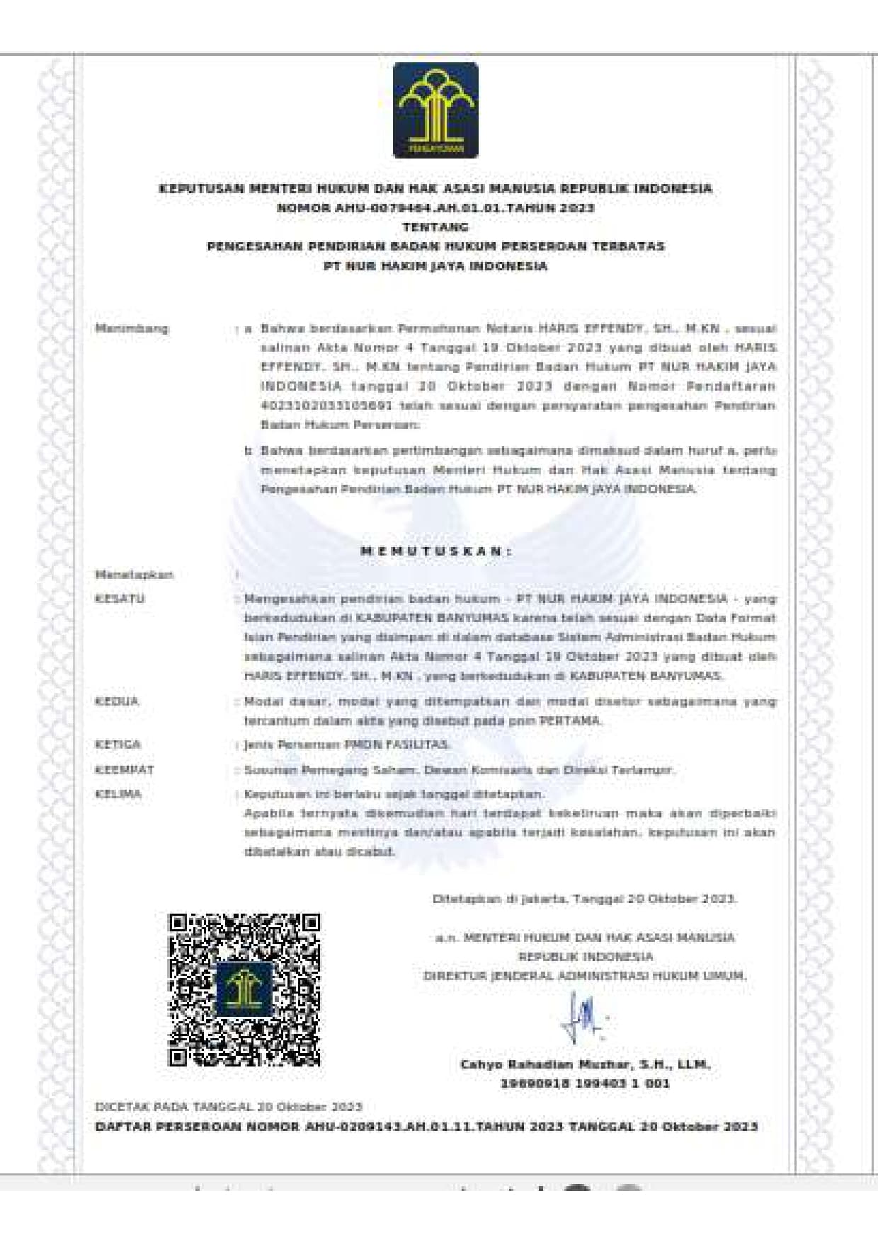 Document of 

 Approval of Establishment 

